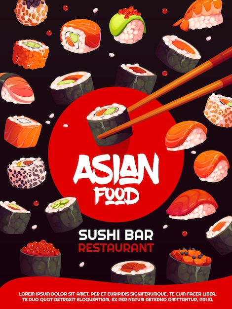 Poster de culinária japonesa com rolos de sushi voadores