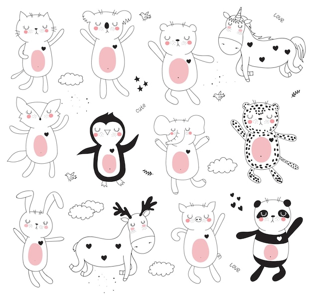 Vetor pôster de desenho animado com animal fofo doodle com frase de letras de motivação