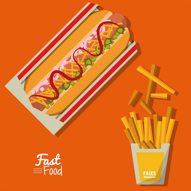 Poster de fast food em laranja com cachorros e batatas fritas