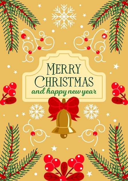 Poster de Feliz Natal Celebração de Feliz Ano Novo cartão de saudação colorido com bagas de bell holly
