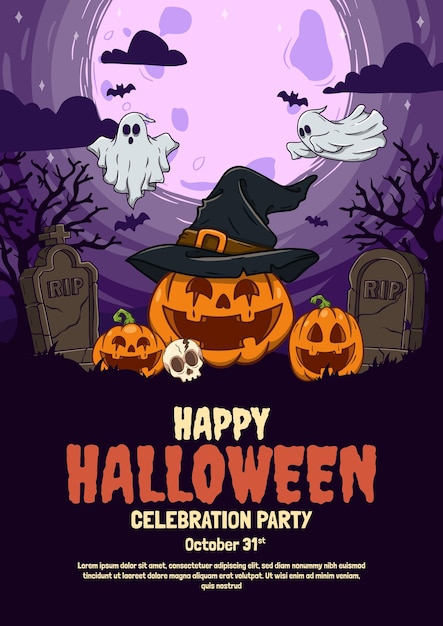 Poster de festa de Halloween feliz com elementos assustadores de Halloween