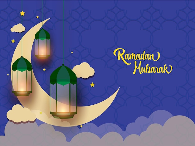 Poster de festival islâmico ou design de cartão com lanterna iluminada realista pendurada contra papel cortado nuvens de lua crescente decoração para celebração de ramadan mubarak conceito