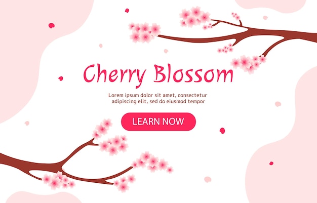 Poster de flores de cerejeira ramos de sakura com folhagem e folhas design de página de destino tradicional