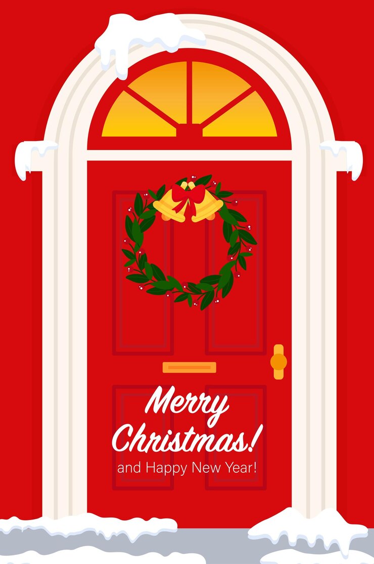 Vetor poster de folheto porta da frente vermelha com decorações de natal com uma coroa de árvore de natal feliz cristo