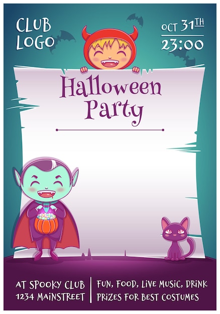 Pôster de halloween com crianças em trajes de diabo e vampiro com gatinho preto. modelo editável com espaço de texto. para cartazes, banners, folhetos, convites, cartões postais.