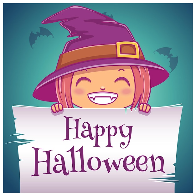 Pôster de halloween feliz com a menina fantasiada de bruxa com pergaminho em fundo azul escuro. feliz festa de halloween. para cartazes, banners, folhetos, convites, cartões postais.