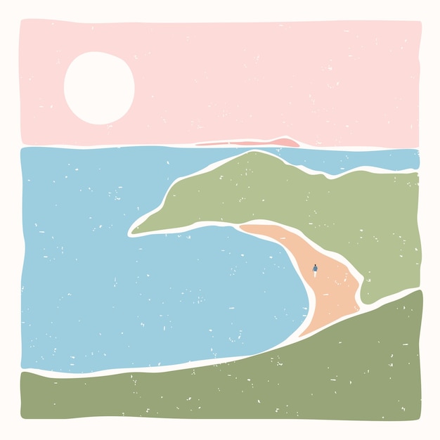 Vetor poster de paisagem minimalista abstrato moderno praia do mar com pessoa solitária de volta à natureza cores pastel impressão de arte boho do meio do século desenho plano ilustração vetorial de estoque