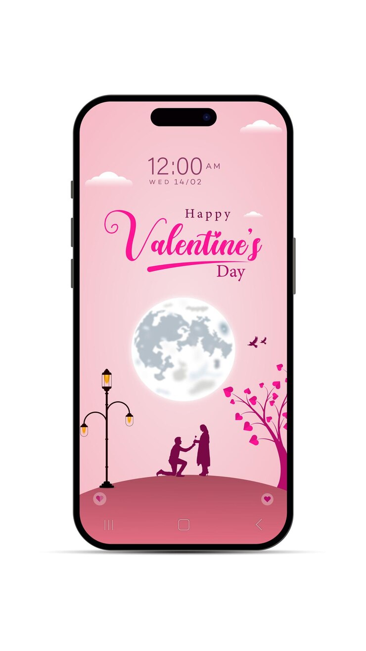 Vetor pôster de papel de parede do telefone da história do dia dos namorados e árvore de corações rosa vermelha feliz dia dos namorados