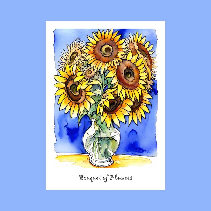 Vetor pôster de pintura de girassóis em aquarela buquê de flores