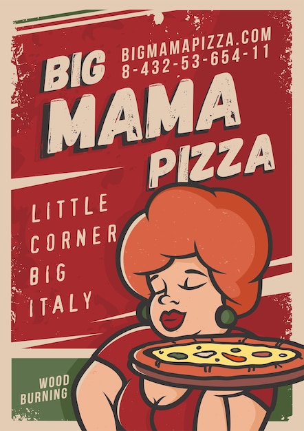 Poster de pizza profissional moderno na indústria culinária com uma imagem de uma mulher