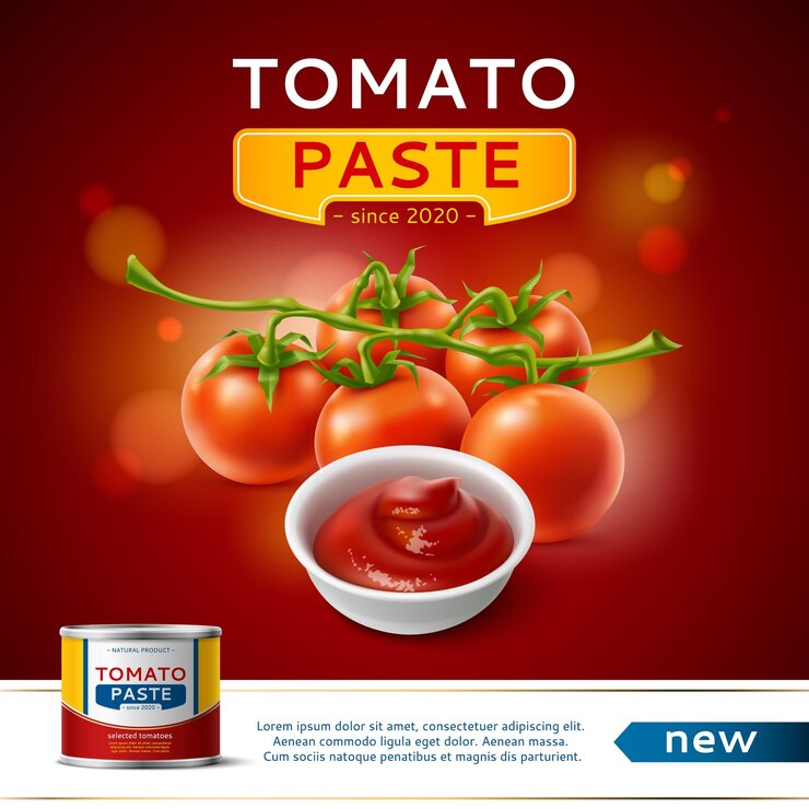 Vetor poster de produto de tomate lata realista com pasta de vegetais conservada molho vermelho frutas frescas 3d em galho embalagem de alimentos naturais ingrediente de cozinha conceito vetor de cartaz quadrado