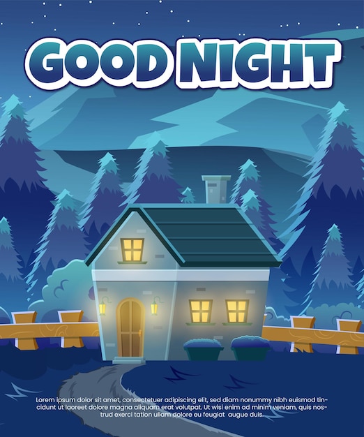 Poster de saudações de boa noite com ilustração plana de uma casa simples em uma colina à noite