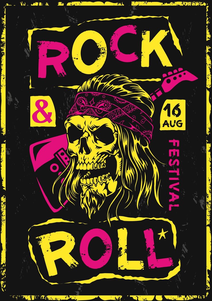 Vetor poster de um festival de rock com um desenho de crânio