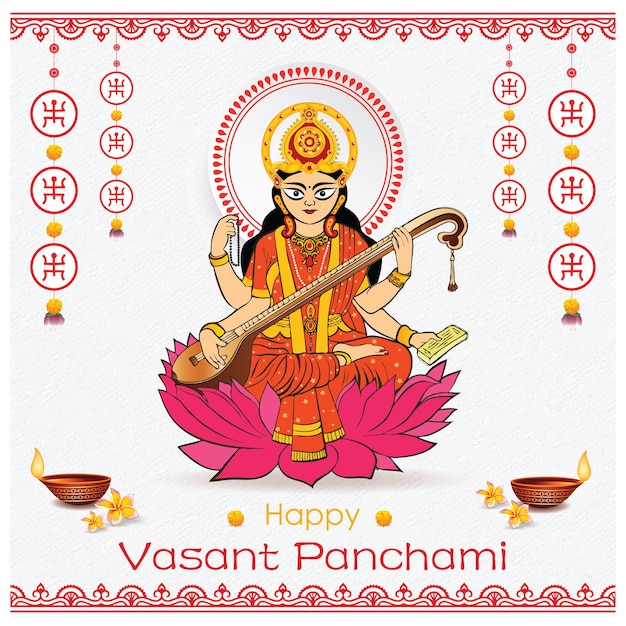 Vetor poster de vasanta panchami com ilustração de maa saraswati e fundo do festival.