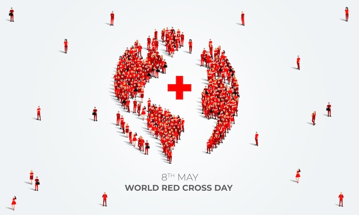 Vetor poster do conceito do dia mundial da cruz vermelha um grande grupo de pessoas se forma para criar um globo vermelho como o dia da cruzvermelha
