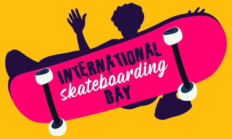 Vetor poster do dia internacional do skateboard a silhueta de um cara com um skate faz um salto
