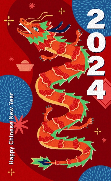 Poster elegante do cny dragão vermelho em fundo vermelho abstrato com redondos azuis e elementos festivos