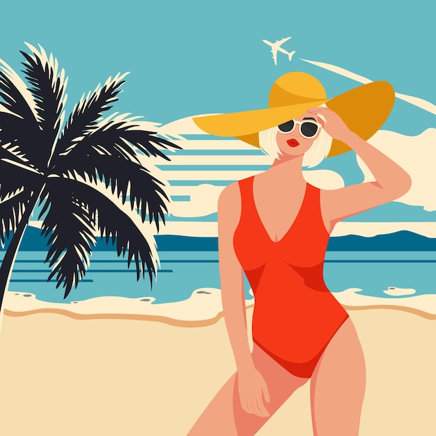 Poster em estilo retro Girl On The Beach Ilustração de Mulher em fato de banho vermelho com óculos de sol Vector
