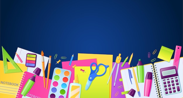 Poster escolar com artigos de papelaria e materiais de ensino