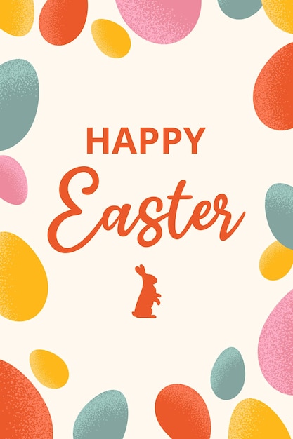 Vetor poster festivo com moldura de ovos coloridos com textura granulada e texto para feliz páscoa