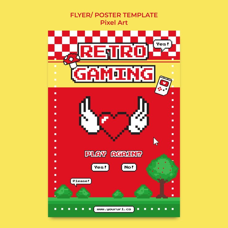 Vetor pôster modelo de folheto pixel art retrô estilo anos 90 ilustração de jogo vintage postagens em mídias sociais