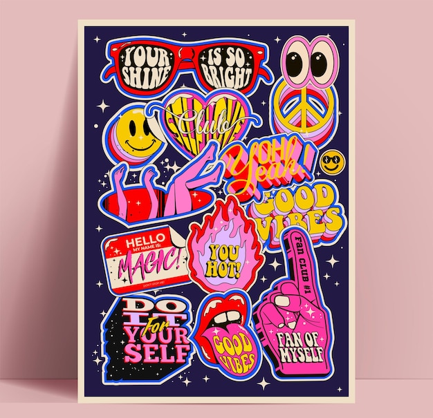 Pôster motivacional ou design de cartão com colagem de adesivos nostálgicos inspiradores coloridos
