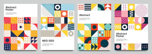 Pôster neo geo colorido. Panfleto de grade moderna com formas geométricas, gráficos de geometria e abstratos