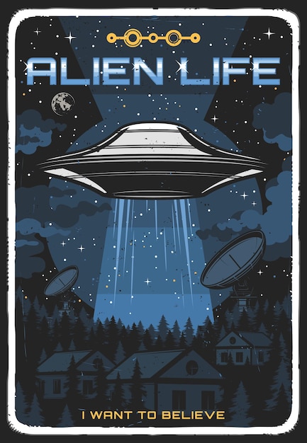 Poster retro com ufo iluminar casas à noite. disco alienígena no céu estrelado explora a vida humana na terra. canto extraterrestre do espaço sideral grunge vintage cartão, cosmos, estrelas e planetas