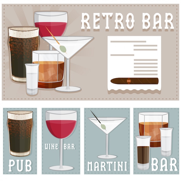 Vetor poster retro de bar com copos de bebidas diferentes