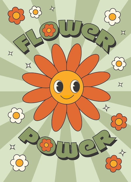 Vetor pôster retrô y2k primavera legal personagem de desenho animado engraçado flor margarida poder da flor