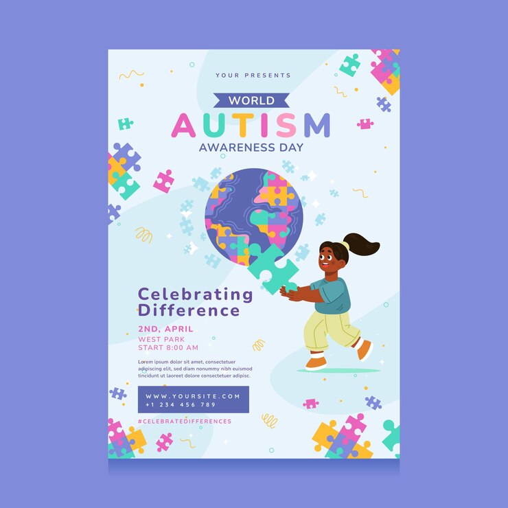 Poster sobre o Dia Mundial de Conscientização sobre o Autismo com uma menina segurando uma peça de quebra-cabeça