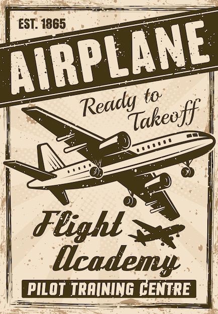 Poster vintage da academia de voo para instituição de publicidade, ilustração em camadas com avião, título, texto de amostra e texturas grunge