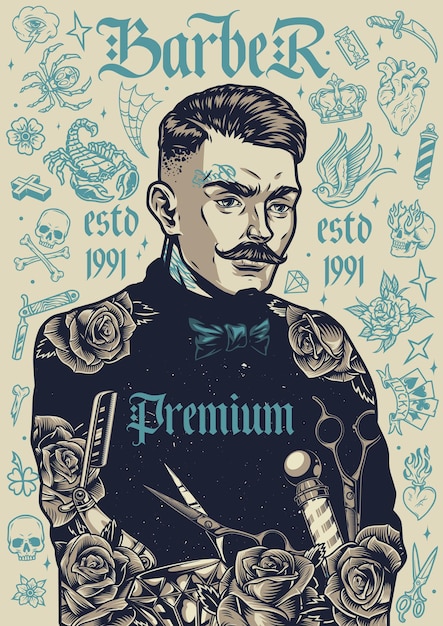 Pôster vintage de barbearia com um estiloso barbeiro bigodudo e várias tatuagens monocromáticas