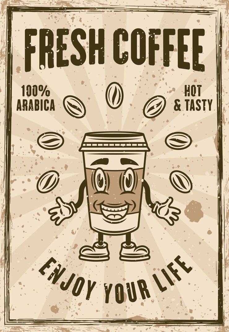 Poster vintage de café com xícara de papel de café desenho animado de personagem sorridente ilustração vetorial em camadas de textura e texto grunge separados