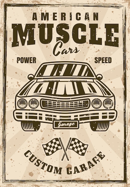 Poster vintage de muscle car com ilustração vetorial em camadas de textura e texto grunge separados