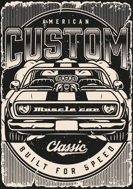 Pôster vintage monocromático de carros personalizados