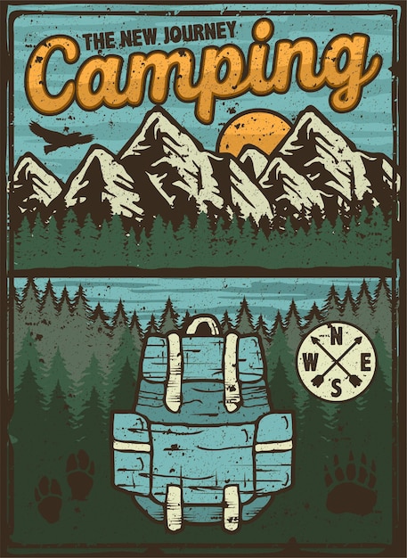 Poster vintage retro acampamento pesca caminhadas caça escalada caiaque canoagem aventura ao ar livre