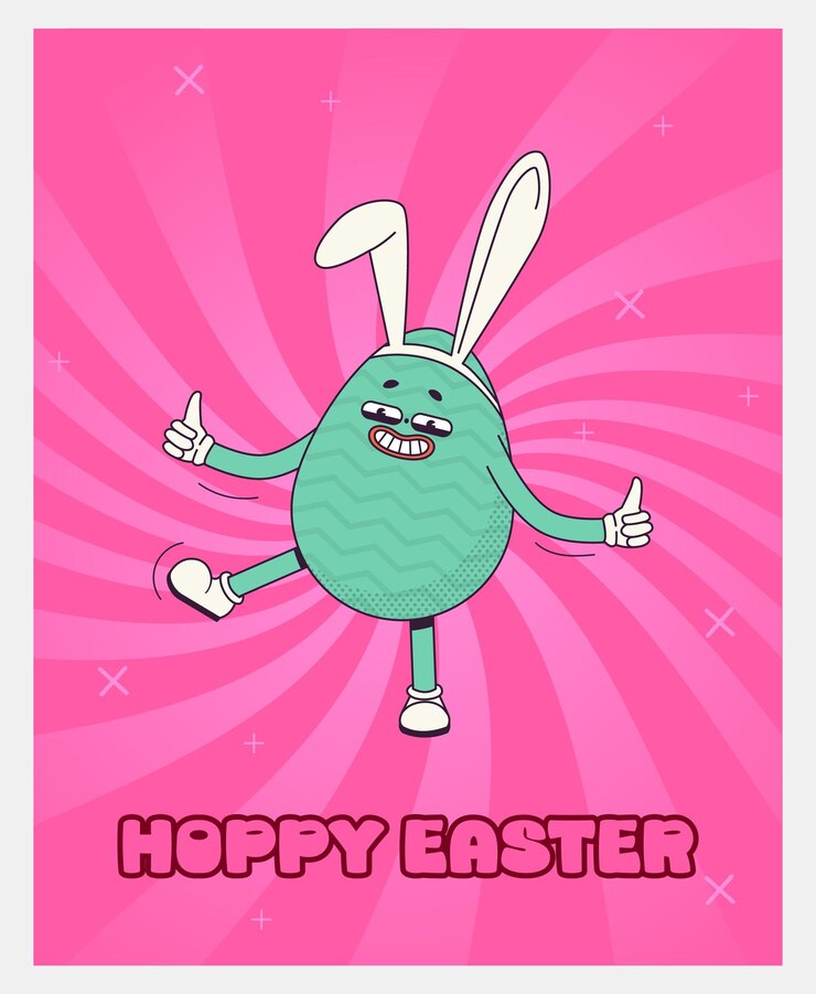 Vetor posters de páscoa retro dos anos 70 com ovos de luva em orelhas de coelho e inscrição hoppy easter quirky antigos personagens e elementos de desenhos animados vintage