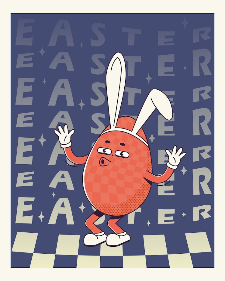 Vetor posters de páscoa retro dos anos 70 com ovos de luva em orelhas de coelho e inscrição páscoa personagens e elementos de desenhos animados vintage funky