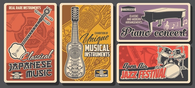 Vetor posters vintage jazz e instrumentos de música folclórica