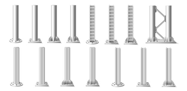 Vetor postes de metal ou colunas de várias formas realistas isoladas em ilustração vetorial de fundo branco