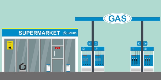 Posto de combustível a gás e ilustração vetorial de supermercado plano