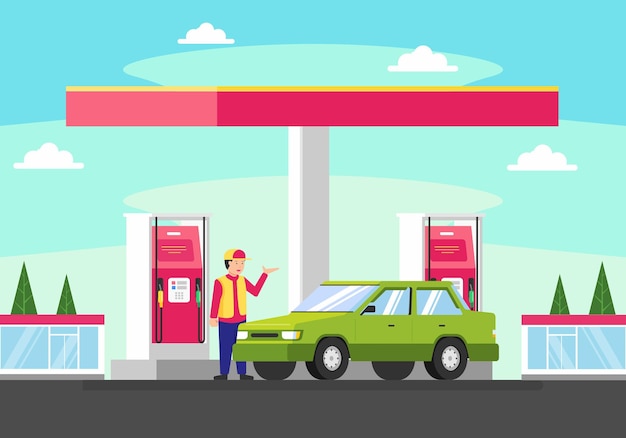 Posto de gasolina com carro de abastecimento de homem