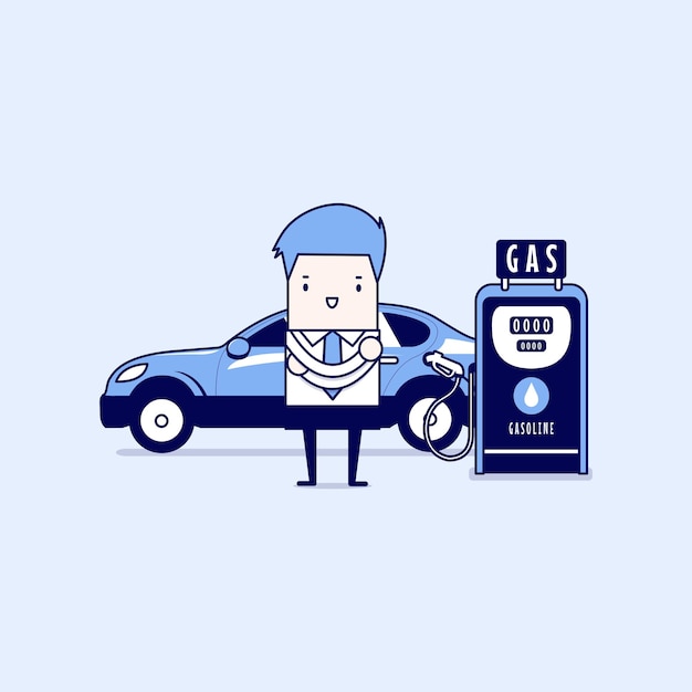 Posto de gasolina e empresário vetor de estilo de linha fina de personagem de desenho animado