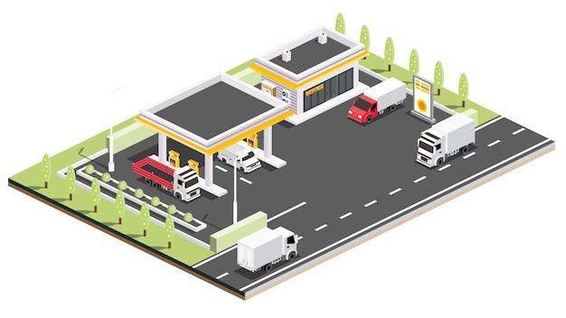 Posto de gasolina isométrico com caminhões e vans posto de gasolina infográfico elemento ilustração vetorial