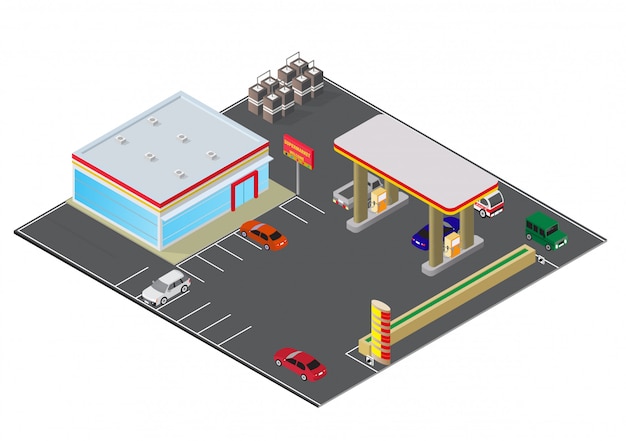 Vetor posto de gasolina isométrico