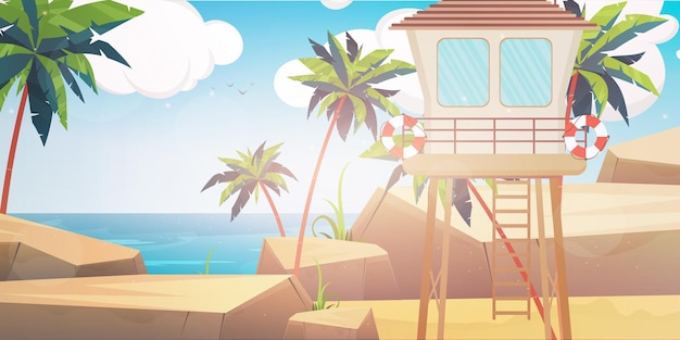 Vetor posto de resgate de praia boia salva-vidas de palmeiras de praia ilustração vetorial de estilo de desenho animado