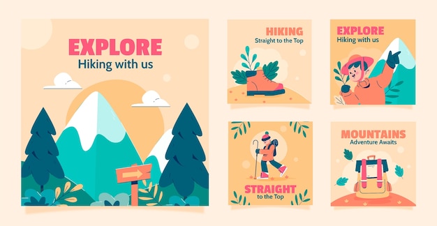 Posts de aventura de caminhadas de design plano no Instagram
