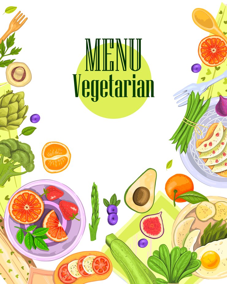 Vetor postura plana com legumes e frutas nos pratos e guardanapos com letras