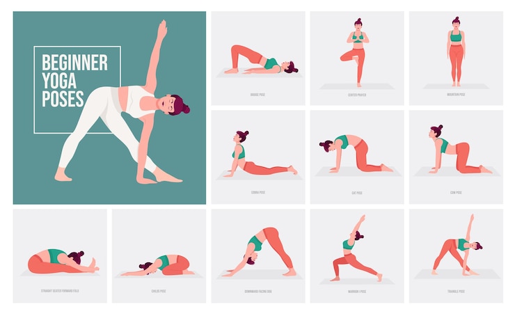 Vetor posturas de ioga para iniciantes mulher jovem praticando poses de ioga
